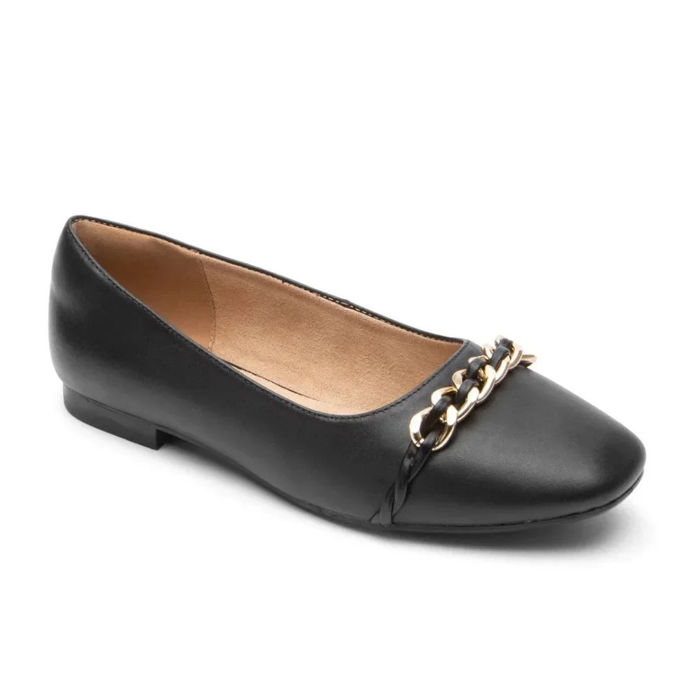 Rockport Zoie Chain Ballet Flat Black Leather Comfort Shoes Size 5.5